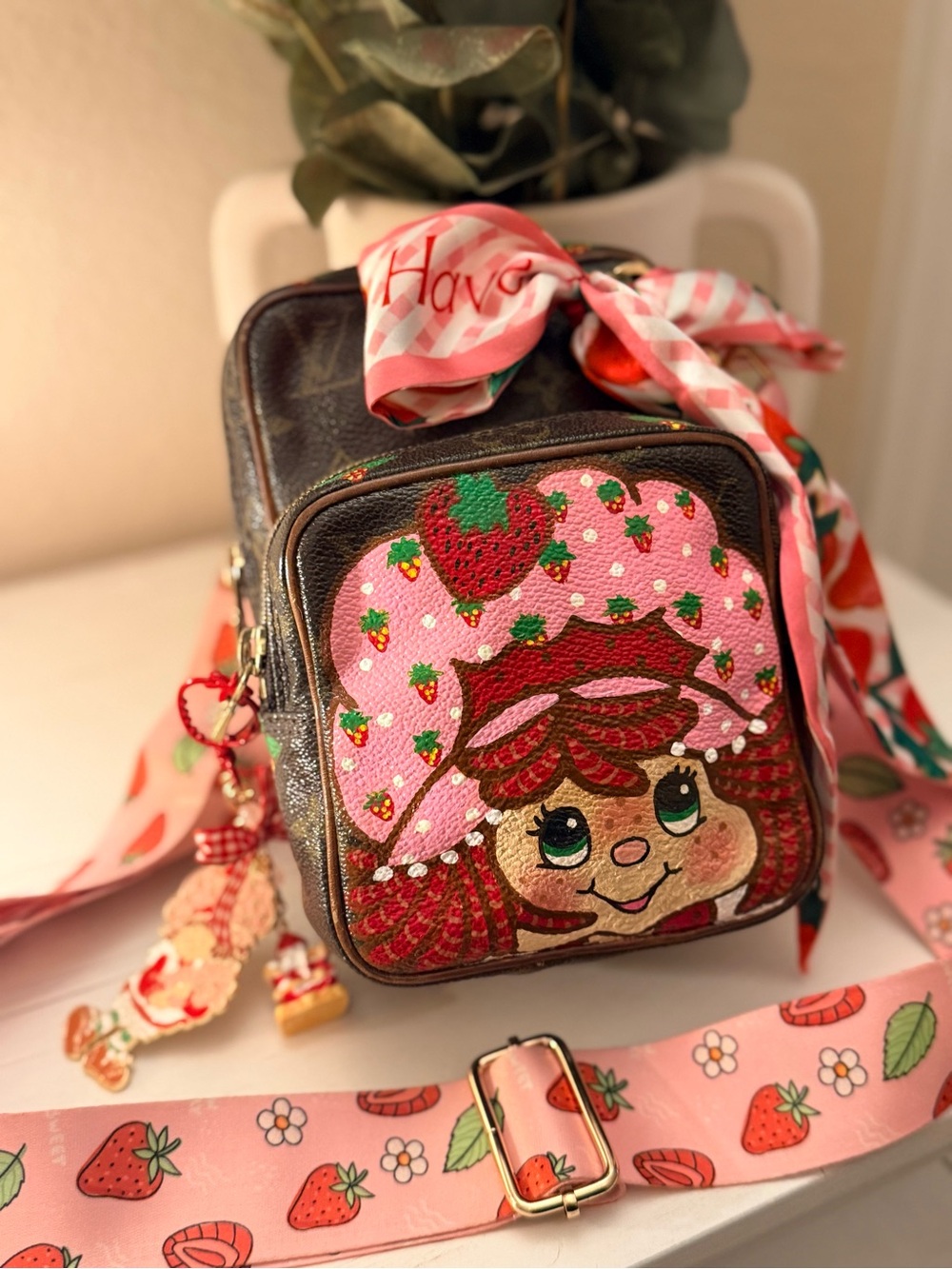 Strawberry Patch Crossbody Bag with Pink Character Panel - Picture 2 of 9
